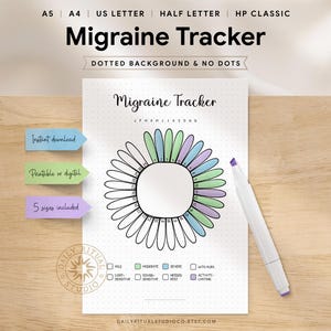 May include: A white printable migraine tracker with a daisy-like design, featuring a dotted background and no dots. The tracker includes sections for recording migraine symptoms and a legend for severity levels. A white marker with a purple tip is placed on the right.