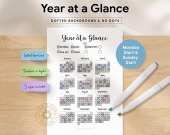2026 Year at a Glance – Printable Yearly Planner with Colour-Coded Days | Minimal Calendar Overview