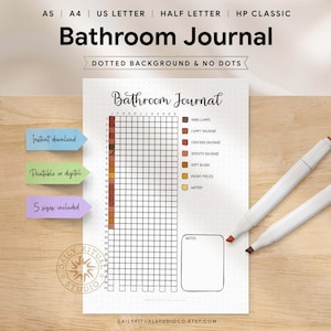 Peut inclure: Un journal de salle de bain blanc avec une grille, des sections codées par couleur et le texte "Bathroom Journal". Comprend une section de notes et des sections codées par couleur pour le suivi. Deux marqueurs blancs avec des pointes orange sont à droite.