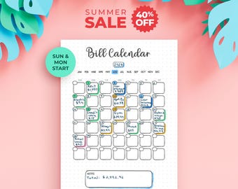 Bill Calendar Printable — Undated Monthly Bill Tracker, Sunday and Monday Start