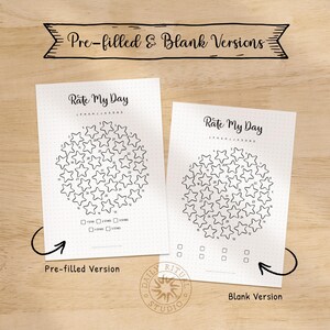 May include: Two white sheets of paper, each with the text "Rate My Day" and a star rating chart. One is pre-filled with stars, the other is blank. The text "Pre-filled & Blank Versions" is above the sheets.