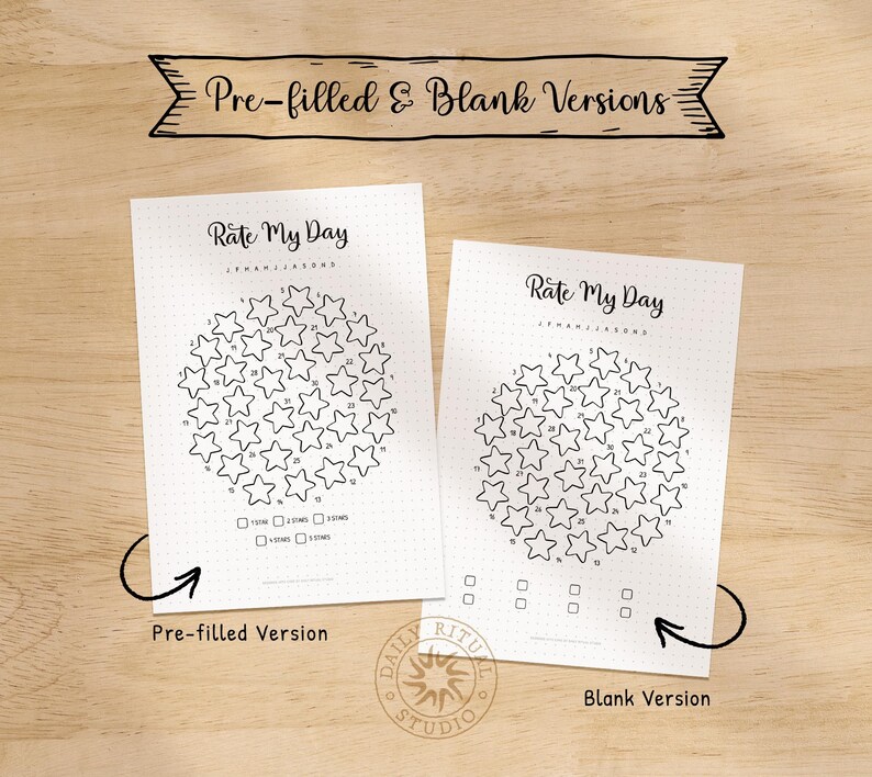 May include: Two white sheets of paper, each with the text "Rate My Day" and a star rating chart. One is pre-filled with stars, the other is blank. The text "Pre-filled & Blank Versions" is above the sheets.