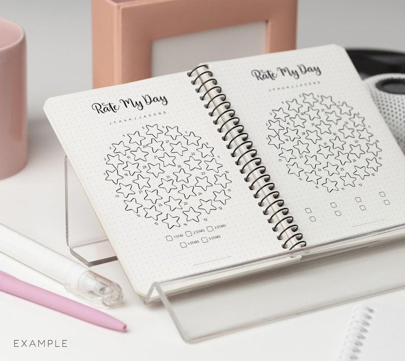 May include: Open spiral-bound notebook with the text "Rate My Day" and star-shaped rating charts. The notebook is open to two pages, each featuring a circular arrangement of stars for daily evaluation. Includes checkboxes for rating.