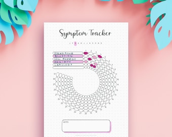 May include: A white paper symptom tracker with a dot grid background. The header reads Symptom Tracker. It features a circular layout of numbered circles from 1 to 31, with rows for tracking headache, bloating, low energy, anxiety, and cravings.