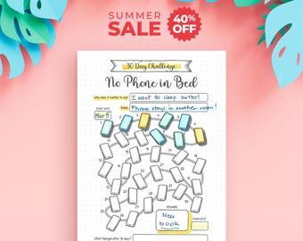 No Phone in Bed 30 Day Challenge Tracker – Digital Detox Sleep Habit (Digital Download)