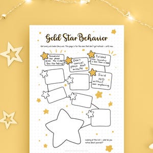 Peut inclure: Une feuille de suivi blanche avec un motif à points, intitulée Gold Star Behavior, comportant des cases dessinées à la main et des étoiles. Le texte inclut : Answered the phone, Didn't cancel plans last minute, Folded the laundry, Said NO.