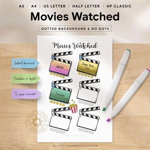 以下が含まれることがあります： ドットの背景を持つ、印刷可能な「Movies Watched」リスト。デザインには、「Barbie」や「Dune Part Two」などのタイトルが付いた映画のクローパーボードイラストが含まれています。画像にはマーカーと「Instant download」というテキストも表示されています。