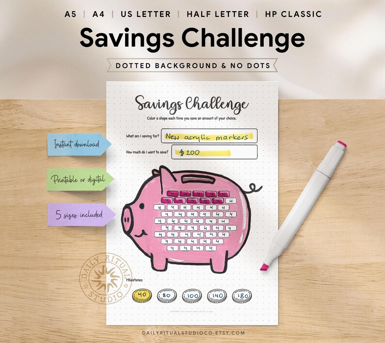 Savings Challenge Printable — Piggy Bank Tracker, You Set the Goal, 50 ...