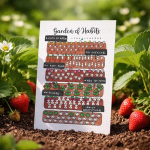 Puede incluir: Un papel blanco titulado "Garden of Habits" con un diseño temático de jardín. El diseño incluye secciones para rastrear hábitos como "6 tazas de agua", "sin comida rápida" y "gratitud diaria".