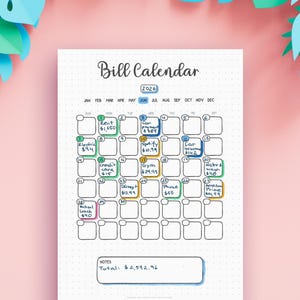 Op de afbeelding: Een witte papieren factuurkalender voor juni 2026 met een stippenrasterachtergrond. De kalender bevat handgeschreven vermeldingen voor diverse uitgaven zoals huur, autobetalingen en nutsvoorzieningen met kleurrijke markeringen.