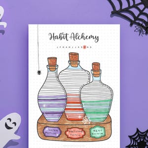 May include: A white paper habit tracker titled Habit Alchemy featuring three glass potion bottles with cork stoppers on a wooden stand. The bottles contain purple, orange, and green liquids with horizontal lines. Labels read Water Potion, Gratitude Tonic, and Rest Elixir.