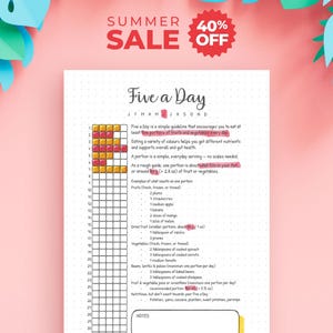 Puede incluir: Una hoja de seguimiento de papel blanco titulada Five a Day con una cuadrícula para treinta días, con cuadrados de color amarillo y rojo. El texto proporciona pautas nutricionales para porciones de frutas y verduras en gramos.