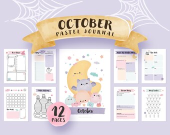 Printbaar maanddagboek voor Halloween — Oktober pastelkleurige geïllustreerde planner met dagpagina's en trackers