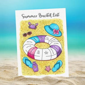 Puede incluir: Una lámina Summer Bucket List con un flotador central dividido en secciones con actividades. Alrededor del flotador hay ilustraciones de un cangrejo morado, gafas de sol, un sombrero azul, chanclas azules, protector solar y una estrella de mar rosa.