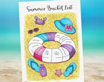 Summer Bucket List zum Ausdrucken - Pool Float Design, vorausgefüllt oder leer, je nach Bedarf ausmalen