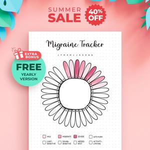 May include: A white paper migraine tracker with a central flower-shaped diagram featuring numbered petals. The tracker includes a legend with checkboxes for symptoms like mild, moderate, severe, aura, light-sensitive, sound-sensitive, rest, and activity-limiting.