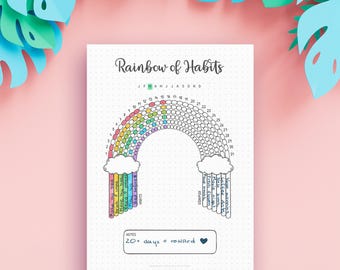 Printbare maandelijkse gewoonte-tracker — Regenboog van gewoonten, kleur 6 gewoonten in terwijl je bezig bent