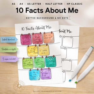 Pode incluir: Um download digital imprimível intitulado "10 Facts About Me" com fatos manuscritos em notas de papel coloridas. As notas são amarradas em uma linha pontilhada. Inclui o texto "Download instantâneo", "Imprimível ou digital" e "5 tamanhos incluídos".