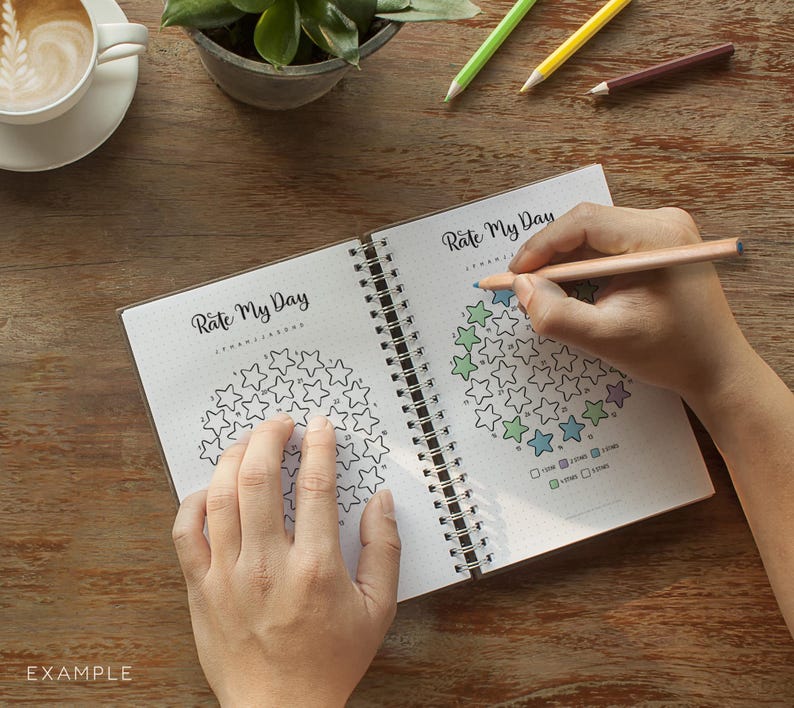 May include: An open spiral-bound notebook with the text "Rate My Day" is shown. The notebook pages have star-shaped graphics for daily rating. A person is using a coloured pencil to fill in the stars. Coloured pencils and a cup of coffee are also visible.