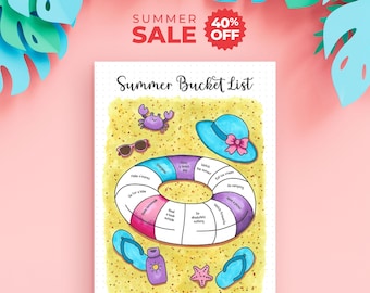 Summer Bucket List Printable — Pool Float Design, Pre-Filled or Blank, Color In as You Go