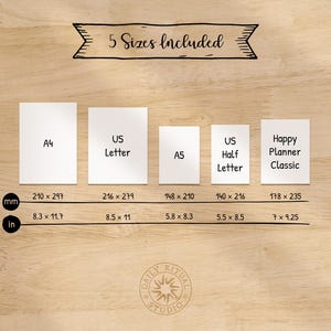 May include: Image displaying five paper sizes: A4, US Letter, A5, US Half Letter, and Happy Planner Classic. Measurements are provided in millimeters and inches. The text "5 Sizes Included" is at the top, with the Daily Ritual Studio logo at the bottom.