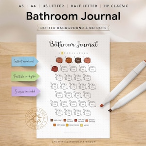 May include: A white printable "Bathroom Journal" with a dotted background. The journal includes a chart with cartoon toilet paper rolls and color-coded descriptions. Two white markers with orange tips are on the right. Text includes "Instant download" and "5 sizes included."