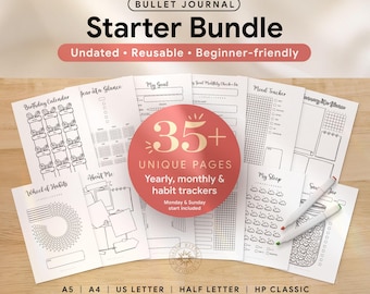 Bullet Journal Starter Bundle Printable – 54 Undated Pages – Yearly Monthly Habit Trackers – A4 A5 US Letter Half Letter HP Classic