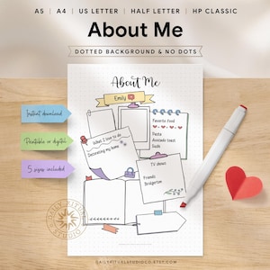 May include: A printable "About Me" template with the title "About Me" and the name "Emily". The template includes sections for favourite food, TV shows, and what the user loves to do. A red heart and a white marker are also visible.