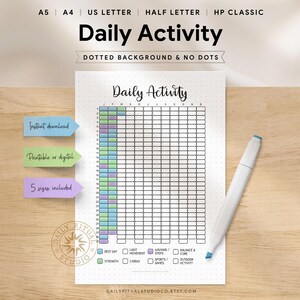 Può includere: Un tracker di attività giornaliere stampabile con sfondo a pois. Il grafico include sezioni per il monitoraggio del giorno di riposo, movimento leggero, camminata/passi, equilibrio e core, forza, cardio, sport/giochi e attività all'aperto. Il testo "Daily Activity" è in alto.
