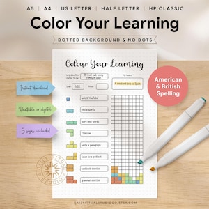 Könnte beinhalten: Ein ausdruckbares Lernblatt mit dem Text "Color Your Learning" und "Colour Your Learning". Das Blatt enthält ein Raster zur Verfolgung von Aufgaben, mit dem Text "watch YouTube". Zwei weiße Marker liegen auf der Holzoberfläche.