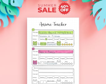 Anime Tracker Printable — Log Titles, Episodes, Score and Status, 3 Entries Per Page