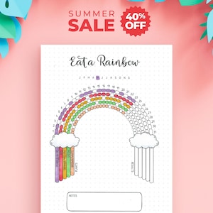 May include: A white paper tracker titled Eat a Rainbow featuring a rainbow-shaped chart with numbered circles from 1 to 31, a monthly calendar row, a color-coded key for purple, blue, red, orange, yellow, green, brown, and white plants, and a notes box.