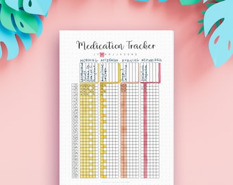 Printbare medicatie-tracker – Maandelijks medicijnlogboek – Tracker voor vitaminen en supplementen – 's Ochtends, 's Middags, 's Avonds en voor het slapengaan