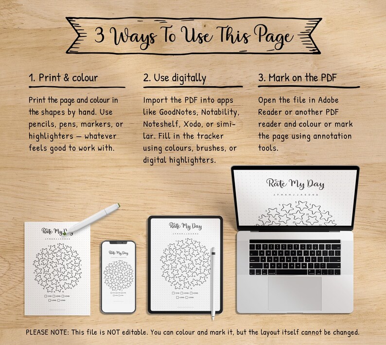 May include: A wooden surface displays a digital planner with the text "Rate My Day" on a laptop, tablet, phone, and printed page. The image shows three ways to use the planner: print and colour, use digitally, or mark on the PDF.