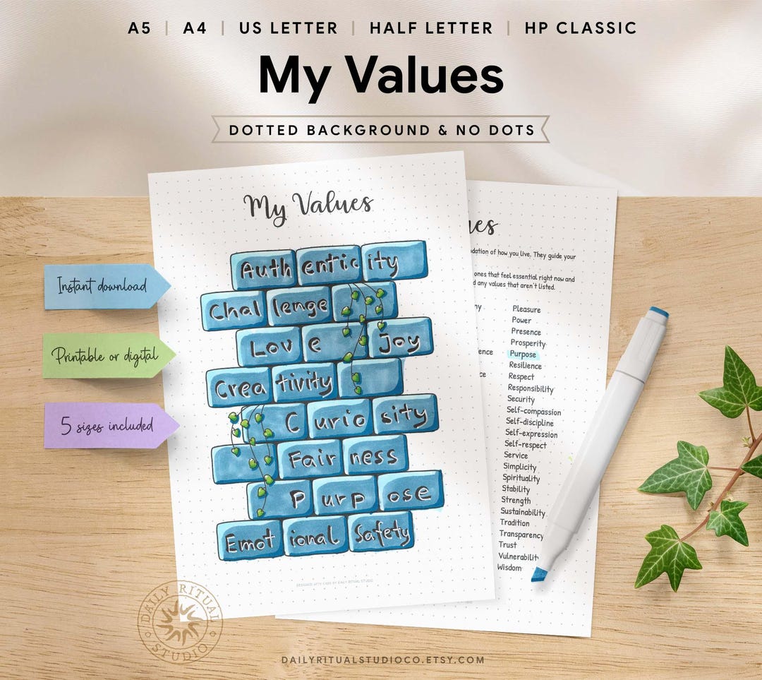 My Values Printable Worksheet – Personal Values List & Reflection Page ...