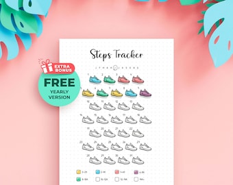 Stappenteller – Printbare tracker voor wandelen en fitnessgewoonten in 5 formaten, maandelijks en jaarlijks.