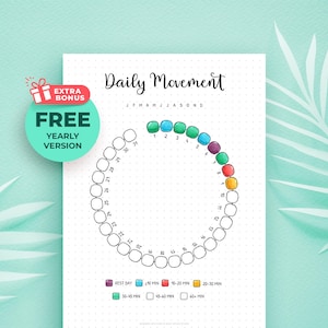 May include: A white paper tracker titled Daily Movement with a circular arrangement of 31 numbered circles. Some circles are colored in blue, green, red, yellow, and purple. A legend at the bottom defines color codes for activity duration.