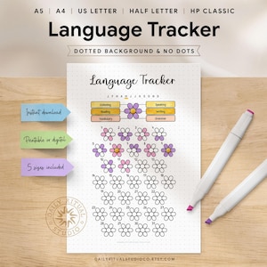 Może przedstawiać: Biały, drukowany Language Tracker z kwiatowym wzorem, z sekcjami do słuchania, czytania, słownictwa, mówienia, pisania i gramatyki. Zawiera kropkowane tło oraz tekst "Natychmiastowe pobieranie", "Do druku lub cyfrowy" i "5 rozmiarów w zestawie".