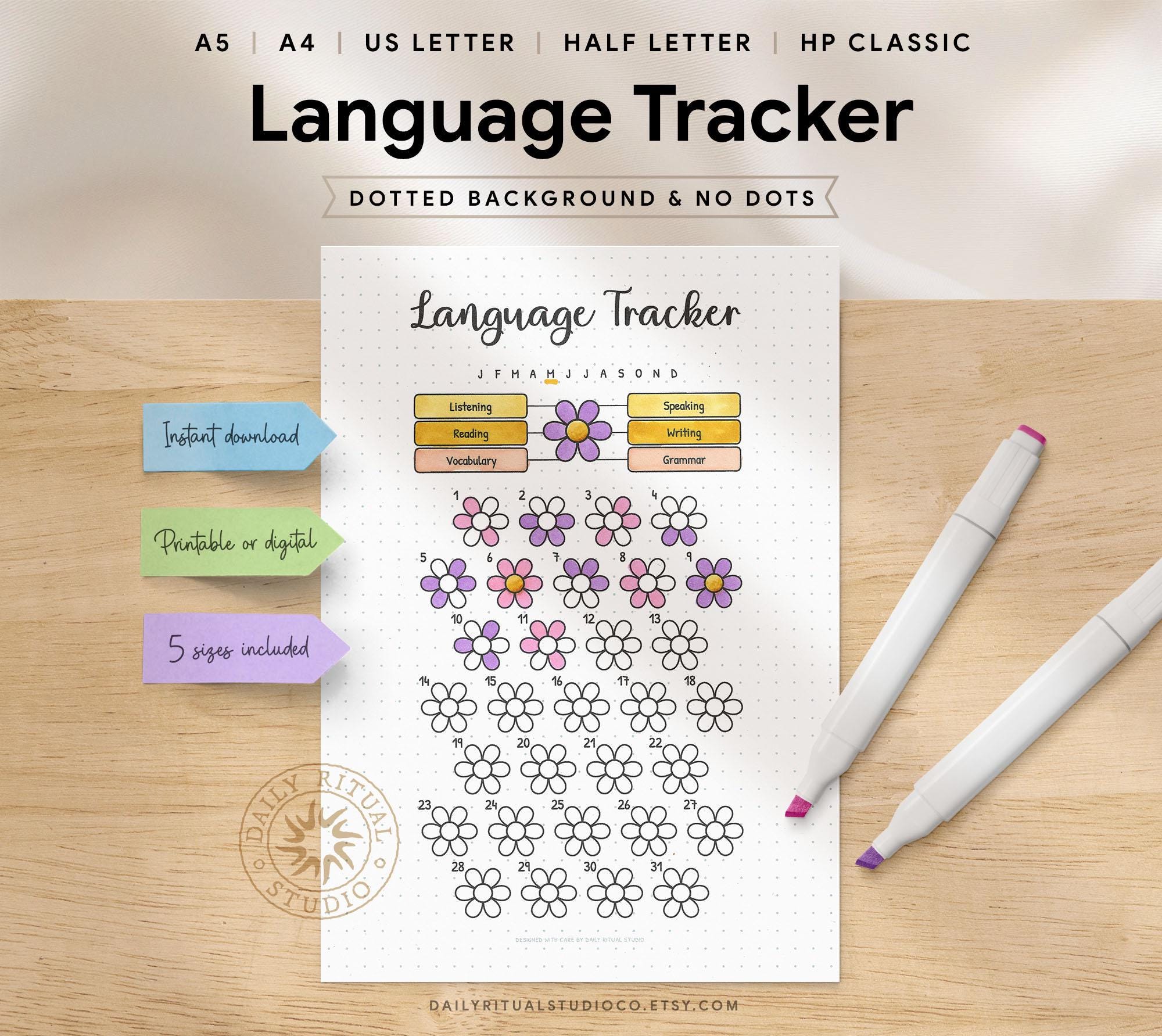Language Notebook Tracker Language Learning Tracker Printable — Color a Flower Every Day You ...