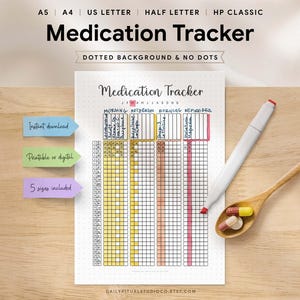 Puede incluir: Un rastreador de medicamentos imprimible sobre una superficie de madera. El rastreador incluye secciones para la mañana, la tarde, la noche y antes de acostarse. Un bolígrafo y una cuchara de madera con pastillas están al lado del rastreador. El texto en la página incluye "Medication Tracker".