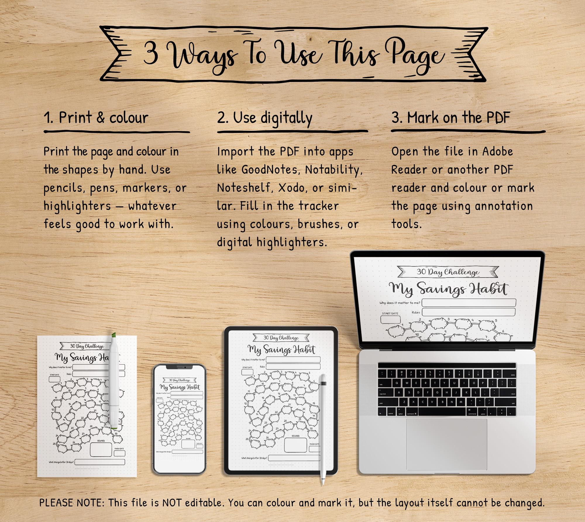 30 Day Savings Challenge Printable — My Savings Habit, Color in a Piggy ...