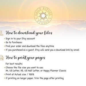 May include: A white page with instructions on downloading and printing files from Etsy. The text details steps for downloading and printing, with file size options including A4, US Letter, and A5. The Daily Ritual Studio logo is at the top.