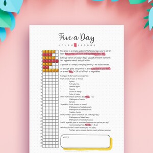 May include: A white paper tracker titled Five a Day with a grid for thirty-one days. The grid features rows of small squares, some filled with orange and red colors. The text provides nutritional guidelines for fruit and vegetable consumption.