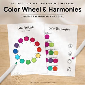 Puede incluir: Dos hojas blancas con diagramas de rueda de color y armonías de color, con un fondo punteado. La rueda de color muestra un círculo de colores, y la otra hoja muestra armonías de color. El texto "Color Wheel & Harmonies" está en la parte superior.