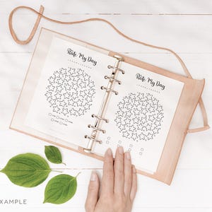 May include: Open leather journal with the text "Rate My Day" and star-shaped rating charts. The journal is open to a page with two star charts, with check boxes below. The word "EXAMPLE" is printed in the lower left corner.