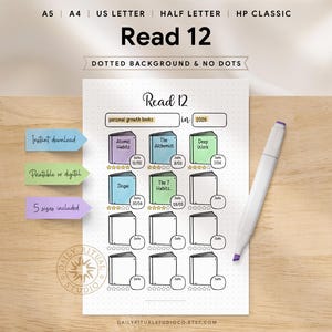 May include: A printable reading tracker with the text "Read 12" and a dotted background. The tracker includes spaces to record book titles and dates, with a pen resting on the side. Includes the text "Instant download", "Printable or digital", and "5 sizes included".