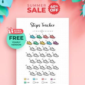 May include: A printable steps tracker sheet featuring a grid of thirty-one sneaker illustrations to colour. The page includes the title Steps Tracker, a monthly calendar row, and a colour-coded legend for daily step counts ranging from 0 to 14K+.