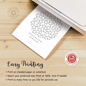 May include: A white printable sheet with a star chart design, emerging from a printer. The sheet features a grid of stars, numbered 1-35, with check boxes for rating. Text includes "Easy Printing" and instructions for printing. A "PDF Ready to Print" logo is visible.