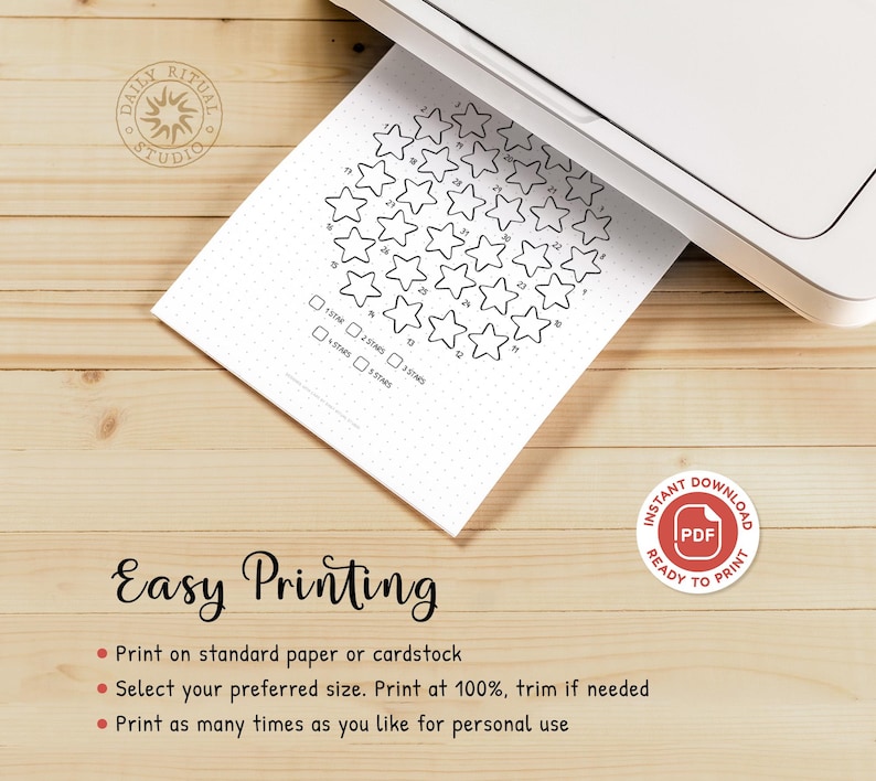 May include: A white printable sheet with a star chart design, emerging from a printer. The sheet features a grid of stars, numbered 1-35, with check boxes for rating. Text includes "Easy Printing" and instructions for printing. A "PDF Ready to Print" logo is visible.
