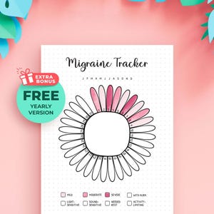 May include: A white paper Migraine Tracker sheet with a central flower graphic featuring numbered petals from 1 to 31. The top displays months J F M A M J J A S O N D, and the bottom includes a legend with pink color-coded severity levels and checkboxes for symptoms like light sensitivity, sound sensitivity, needed rest, and activity limiting. A circular teal badge reads EXTRA BONUS FREE YEARLY VERSION.